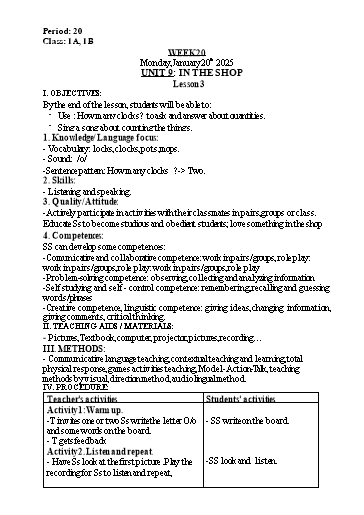 Kế hoạch bài dạy Tiếng Anh Lớp 1 (Global Success) - Tuần 20, Unit 9: In the shop - Lesson 3 - Năm học 2024-2025 - Nguyễn Lê Vân Anh