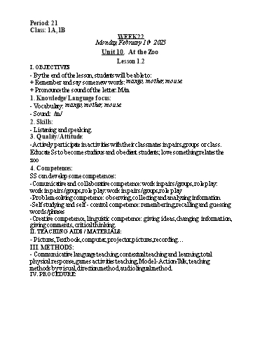 Kế hoạch bài dạy Tiếng Anh Lớp 1 (Global Success) - Tuần 22, Unit 10: At the Zoo - Lesson 1, 2 - Năm học 2024-2025 - Nguyễn Lê Vân Anh