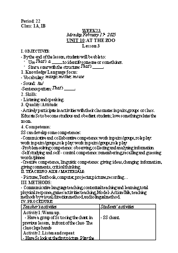 Kế hoạch bài dạy Tiếng Anh Lớp 1 (Global Success) - Tuần 23, Unit 10: At the Zoo - Lesson 3 - Năm học 2024-2025 - Nguyễn Lê Vân Anh
