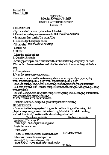Kế hoạch bài dạy Tiếng Anh Lớp 1 (Global Success) - Tuần 24, Unit 11: At the bus stop - Lesson 1, 2 - Năm học 2024-2025 - Nguyễn Lê Vân Anh