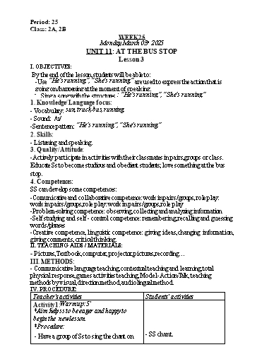Kế hoạch bài dạy Tiếng Anh Lớp 1 (Global Success) - Tuần 25, Unit 11: At the bus stop - Lesson 3 - Năm học 2024-2025 - Nguyễn Lê Vân Anh