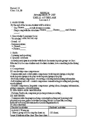 Kế hoạch bài dạy Tiếng Anh Lớp 1 (Global Success) - Tuần 26, Unit 12: At the lake - Lesson 1, 2 - Năm học 2024-2025 - Nguyễn Lê Vân Anh