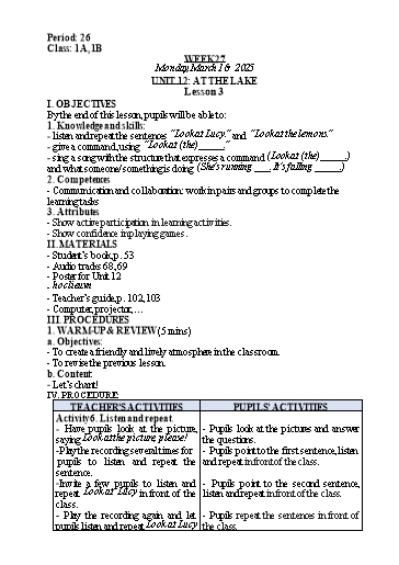 Kế hoạch bài dạy Tiếng Anh Lớp 1 (Global Success) - Tuần 27, Unit 12: At the lake - Lesson 3 - Năm học 2024-2025 - Nguyễn Lê Vân Anh