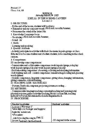 Kế hoạch bài dạy Tiếng Anh Lớp 1 (Global Success) - Tuần 28, Unit 13: In the school canteen - Lesson 1, 2 - Năm học 2024-2025 - Nguyễn Lê Vân Anh