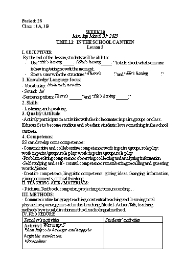 Kế hoạch bài dạy Tiếng Anh Lớp 1 (Global Success) - Tuần 29, Unit 13: In the school canteen - Lesson 3 - Năm học 2024-2025 - Nguyễn Lê Vân Anh