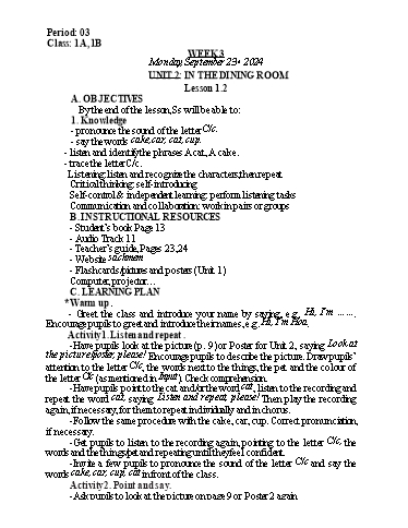 Kế hoạch bài dạy Tiếng Anh Lớp 1 (Global Success) - Tuần 3, Unit 2: In the dining room - Lesson 1, 2 - Năm học 2024-2025 - Nguyễn Lê Vân Anh
