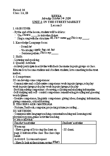 Kế hoạch bài dạy Tiếng Anh Lớp 1 (Global Success) - Tuần 3, Unit 3: In the street market - Lesson 3 - Năm học 2024-2025 - Nguyễn Lê Vân Anh