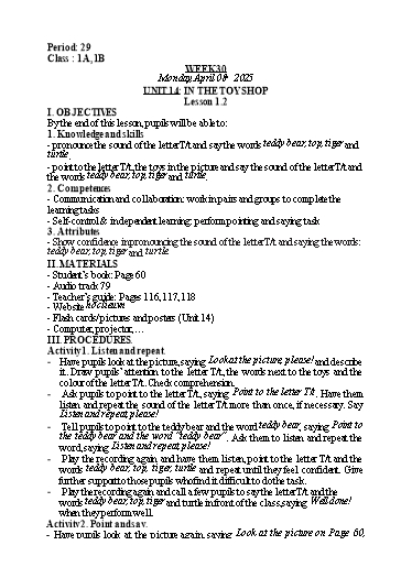 Kế hoạch bài dạy Tiếng Anh Lớp 1 (Global Success) - Tuần 30, Unit 14: In the toy shop - Lesson 1, 2 - Năm học 2024-2025 - Nguyễn Lê Vân Anh