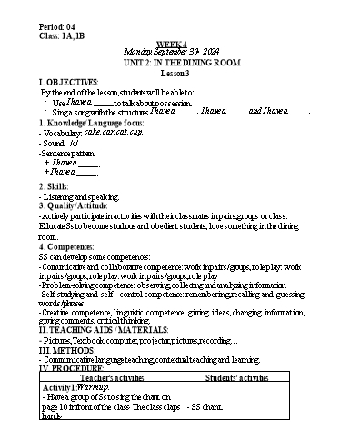 Kế hoạch bài dạy Tiếng Anh Lớp 1 (Global Success) - Tuần 4, Unit 2: In the dining room - Lesson 3 - Năm học 2024-2025 - Nguyễn Lê Vân Anh