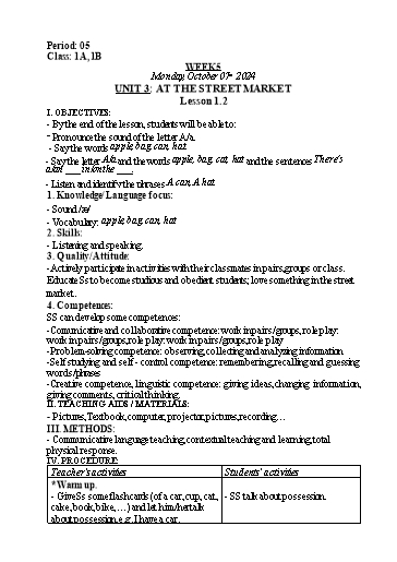Kế hoạch bài dạy Tiếng Anh Lớp 1 (Global Success) - Tuần 5, Unit 3: At the street market - Lesson 1, 2 - Năm học 2024-2025 - Nguyễn Lê Vân Anh