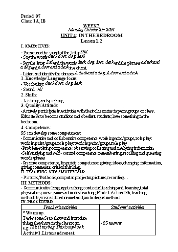 Kế hoạch bài dạy Tiếng Anh Lớp 1 (Global Success) - Tuần 7, Unit 4: In the bedroom - Lesson 1, 2 - Năm học 2024-2025 - Nguyễn Lê Vân Anh