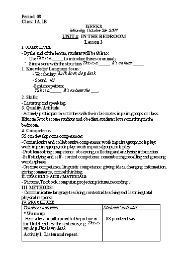 Kế hoạch bài dạy Tiếng Anh Lớp 1 (Global Success) - Tuần 8, Unit 4: In the bedroom - Lesson 3 - Năm học 2024-2025 - Nguyễn Lê Vân Anh