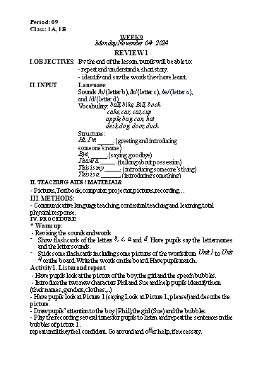 Kế hoạch bài dạy Tiếng Anh Lớp 1 (Global Success) - Tuần 9, Review 1 - Năm học 2024-2025 - Nguyễn Lê Vân Anh
