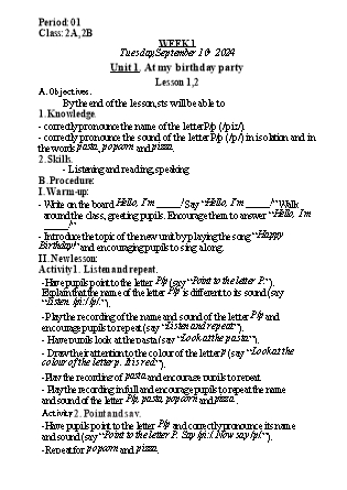 Kế hoạch bài dạy Tiếng Anh Lớp 2 (Global Success) - Tuần 1, Unit 1: At my birthday party - Lesson 1, 2 - Năm học 2024-2025 - Nguyễn Lê Vân Anh
