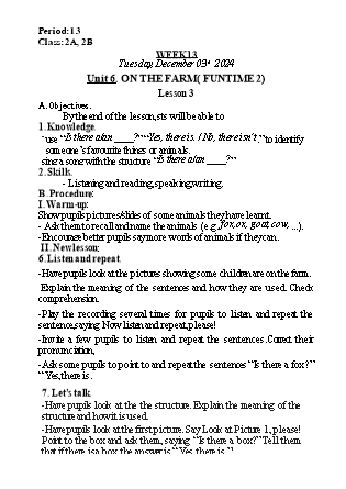 Kế hoạch bài dạy Tiếng Anh Lớp 2 (Global Success) - Tuần 12, Unit 6: On the farm (Funtime 2) - Lesson 3 - Năm học 2024-2025 - Nguyễn Lê Vân Anh