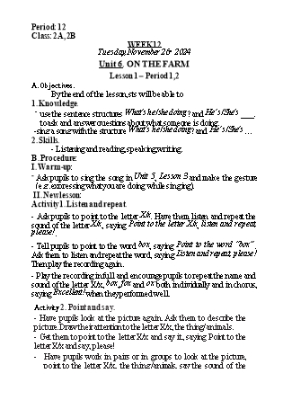 Kế hoạch bài dạy Tiếng Anh Lớp 2 (Global Success) - Tuần 12, Unit 6: On the farm - Lesson 1 - Năm học 2024-2025 - Nguyễn Lê Vân Anh