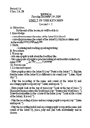 Kế hoạch bài dạy Tiếng Anh Lớp 2 (Global Success) - Tuần 14, Unit 7: In the kitchen - Lesson 1+2 - Năm học 2024-2025 - Nguyễn Lê Vân Anh