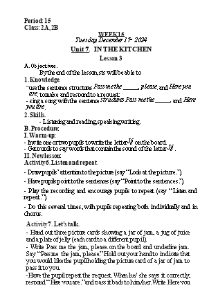 Kế hoạch bài dạy Tiếng Anh Lớp 2 (Global Success) - Tuần 15, Unit 7: In the kitchen - Lesson 3 - Năm học 2024-2025 - Nguyễn Lê Vân Anh