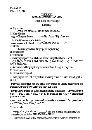 Kế hoạch bài dạy Tiếng Anh Lớp 2 (Global Success) - Tuần 17, Unit 8: In the village - Lesson 3 - Năm học 2024-2025 - Nguyễn Lê Vân Anh