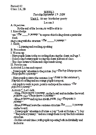 Kế hoạch bài dạy Tiếng Anh Lớp 2 (Global Success) - Tuần 2, Unit 1: At my birthday party - Lesson 3 - Năm học 2024-2025 - Nguyễn Lê Vân Anh