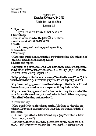 Kế hoạch bài dạy Tiếng Anh Lớp 2 (Global Success) - Tuần 20, Unit 10: At the Zoo - Lesson 1, 2 - Năm học 2024-2025 - Nguyễn Lê Vân Anh
