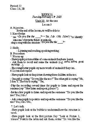 Kế hoạch bài dạy Tiếng Anh Lớp 2 (Global Success) - Tuần 23, Unit 10: At the Zoo - Lesson 3 - Năm học 2024-2025 - Nguyễn Lê Vân Anh