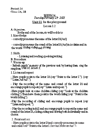 Kế hoạch bài dạy Tiếng Anh Lớp 2 (Global Success) - Tuần 24, Unit 11: In the playground - Lesson 1, 2 - Năm học 2024-2025 - Nguyễn Lê Vân Anh