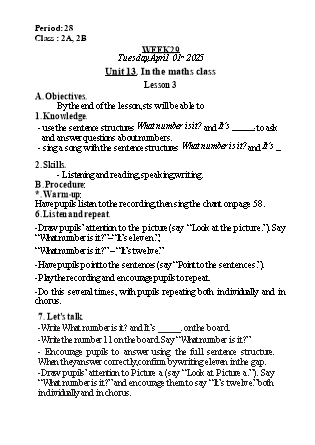 Kế hoạch bài dạy Tiếng Anh Lớp 2 (Global Success) - Tuần 29, Unit 13: In the maths class - Lesson 3 - Năm học 2024-2025 - Nguyễn Lê Vân Anh