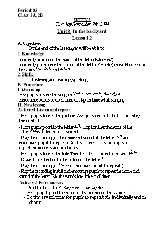 Kế hoạch bài dạy Tiếng Anh Lớp 2 (Global Success) - Tuần 3, Unit 2: In the backyard - Lesson 1, 2 - Năm học 2024-2025 - Nguyễn Lê Vân Anh