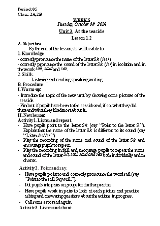 Kế hoạch bài dạy Tiếng Anh Lớp 2 (Global Success) - Tuần 5, Unit 3: At the seaside - Lesson 1, 2 - Năm học 2024-2025 - Nguyễn Lê Vân Anh