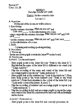 Kế hoạch bài dạy Tiếng Anh Lớp 2 (Global Success) - Tuần 7, Unit 4: In the countryside - Lesson 1, 2 - Năm học 2024-2025 - Nguyễn Lê Vân Anh