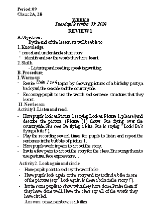 Kế hoạch bài dạy Tiếng Anh Lớp 2 (Global Success) - Tuần 9, Review 1 - Năm học 2024-2025 - Nguyễn Lê Vân Anh