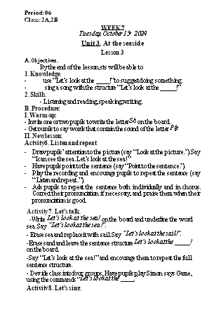 Kế hoạch bài dạy Tiếng Anh Lớp 2 - Tuần 7, Unit 3: At the seaside - Lesson 3 - Năm học 2024-2025 - Nguyễn Lê Vân Anh