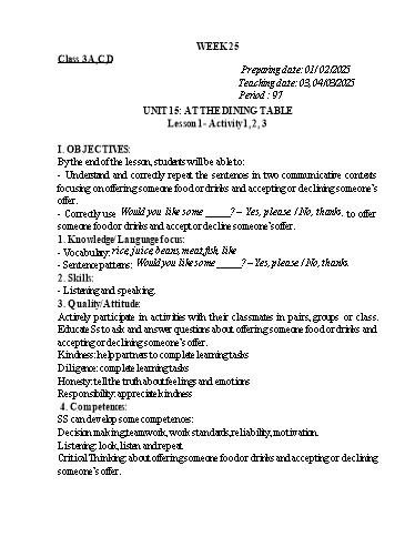 Kế hoạch bài dạy Tiếng Anh Lớp 3 (Kết nối tri thức) - Tuần 25 - Năm học 2024-2025 - Trường Tiểu học Xuân Liên