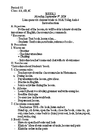 Kế hoạch bài dạy Tiếng Anh Lớp 4 (Global Success) - Tuần 1 - Năm học 2024-2025 - Nguyễn Lê Vân Anh