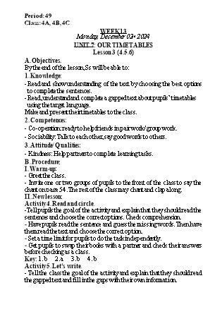 Kế hoạch bài dạy Tiếng Anh Lớp 4 (Global Success) - Tuần 13 - Năm học 2024-2025 - Nguyễn Lê Vân Anh