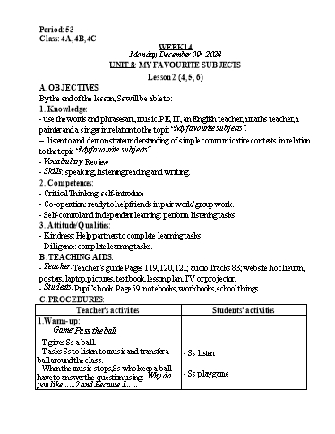Kế hoạch bài dạy Tiếng Anh Lớp 4 (Global Success) - Tuần 14 - Năm học 2024-2025 - Nguyễn Lê Vân Anh