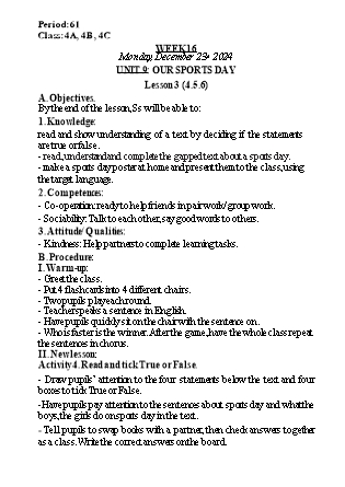 Kế hoạch bài dạy Tiếng Anh Lớp 4 (Global Success) - Tuần 16 - Năm học 2024-2025 - Nguyễn Lê Vân Anh