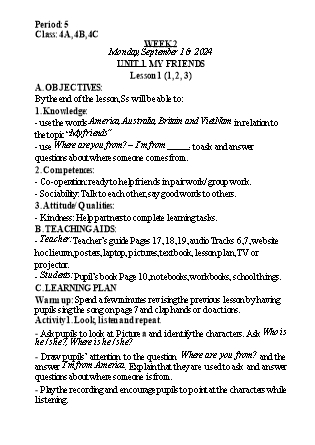 Kế hoạch bài dạy Tiếng Anh Lớp 4 (Global Success) - Tuần 2 - Năm học 2024-2025 - Nguyễn Lê Vân Anh