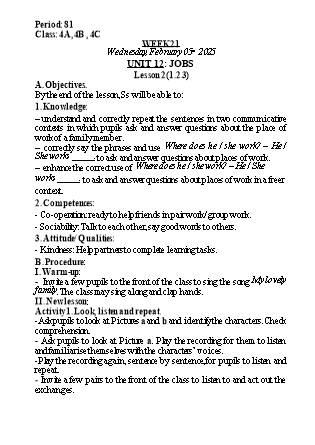 Kế hoạch bài dạy Tiếng Anh Lớp 4 (Global Success) - Tuần 21 - Năm học 2024-2025 - Nguyễn Lê Vân Anh