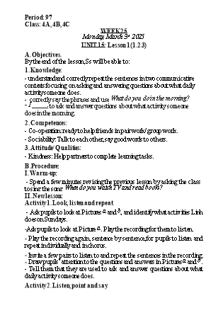 Kế hoạch bài dạy Tiếng Anh Lớp 4 (Global Success) - Tuần 25 - Năm học 2024-2025 - Nguyễn Lê Vân Anh