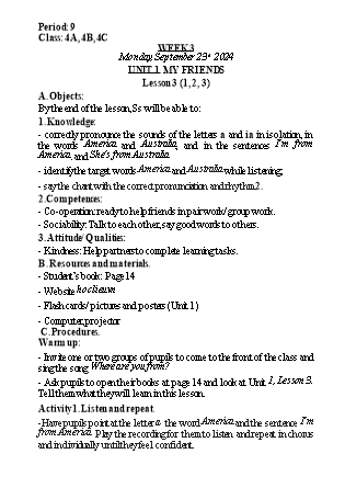 Kế hoạch bài dạy Tiếng Anh Lớp 4 (Global Success) - Tuần 3 - Năm học 2024-2025 - Nguyễn Lê Vân Anh