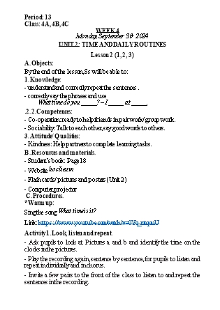 Kế hoạch bài dạy Tiếng Anh Lớp 4 (Global Success) - Tuần 4 - Năm học 2024-2025 - Nguyễn Lê Vân Anh