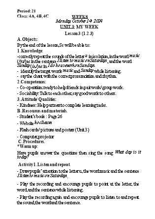 Kế hoạch bài dạy Tiếng Anh Lớp 4 (Global Success) - Tuần 6 - Năm học 2024-2025 - Nguyễn Lê Vân Anh
