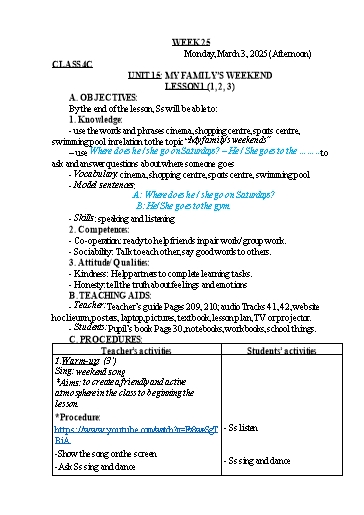 Kế hoạch bài dạy Tiếng Anh Lớp 4 (Kết nối tri thức) - Tuần 25 - Năm học 2024-2025 - Trường Tiểu học Xuân Liên