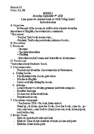 Kế hoạch bài dạy Tiếng Anh Lớp 5 (Global Success) - Tuần 1 - Năm học 2024-2025 - Nguyễn Lê Vân Anh