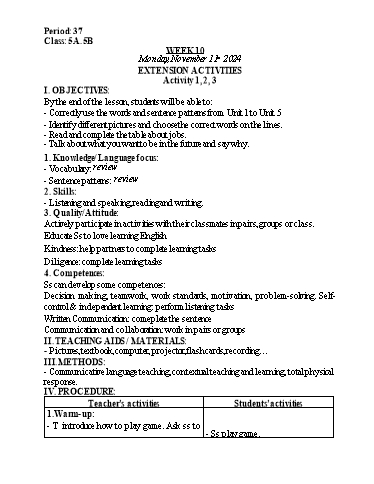 Kế hoạch bài dạy Tiếng Anh Lớp 5 (Global Success) - Tuần 10 - Năm học 2024-2025 - Nguyễn Lê Vân Anh