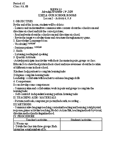 Kế hoạch bài dạy Tiếng Anh Lớp 5 (Global Success) - Tuần 11 - Năm học 2024-2025 - Nguyễn Lê Vân Anh
