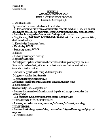 Kế hoạch bài dạy Tiếng Anh Lớp 5 (Global Success) - Tuần 12 - Năm học 2024-2025 - Nguyễn Lê Vân Anh