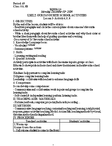 Kế hoạch bài dạy Tiếng Anh Lớp 5 (Global Success) - Tuần 13 - Năm học 2024-2025 - Nguyễn Lê Vân Anh